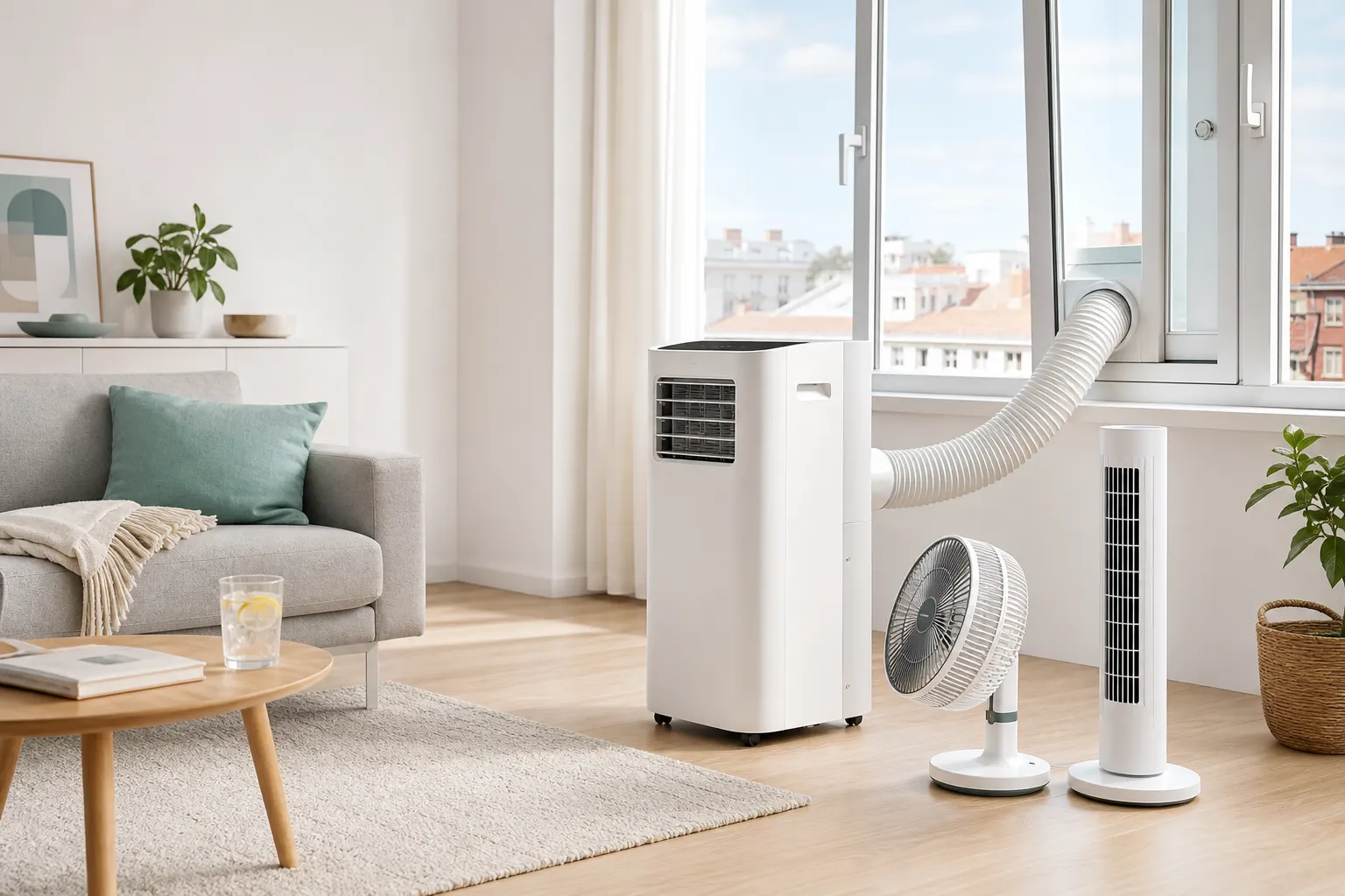 Portable air conditioner and fans in a bright apartment